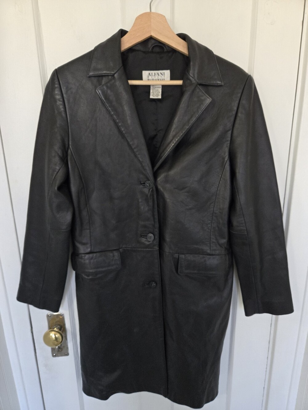 Alfani Women's Vtg Y2K Black Leather Trench Coat Size M Long Length Grunge Fall